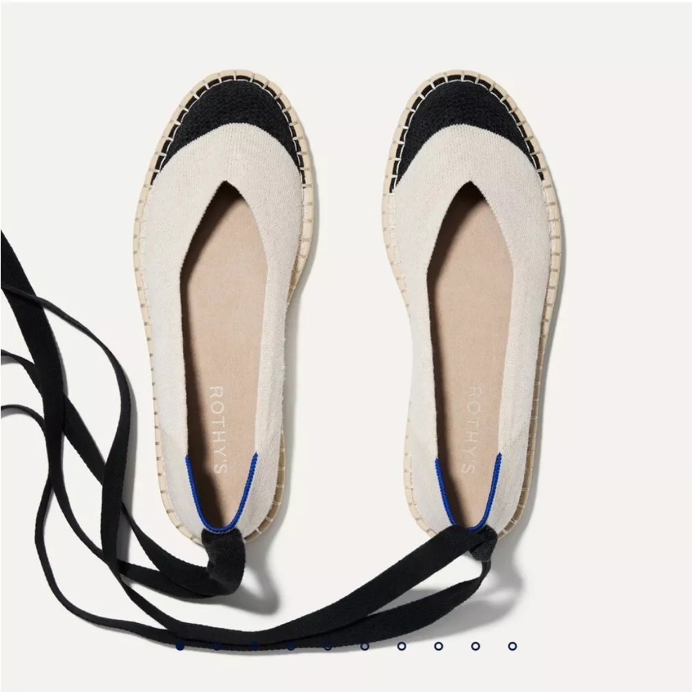Rothy’s Espadrille Flats in Boardwalk Oatmeal Black Off White Ankle Tie Shoes
